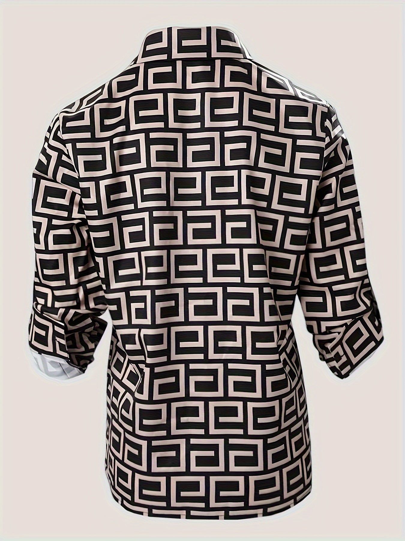 Women's Elegant Loose-Fit Long Sleeve Shirt - Soft Light Beige-Friendly Fabric, Black & White Geometric Print Lapel Collar Button-Up Blouse for Spring & Fall Casual to Semi-Formal Wear, Ladies Blouses